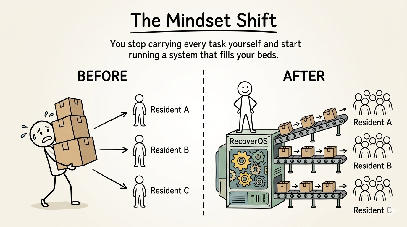 The Mindset Shift — before: one exhausted operator carrying every task one at a time to each resident. After: operator standing on top of the RecoverOS machine while three conveyor belts deliver the work out to all three residents at once. You stop carrying every task yourself and start running a system that fills your beds.